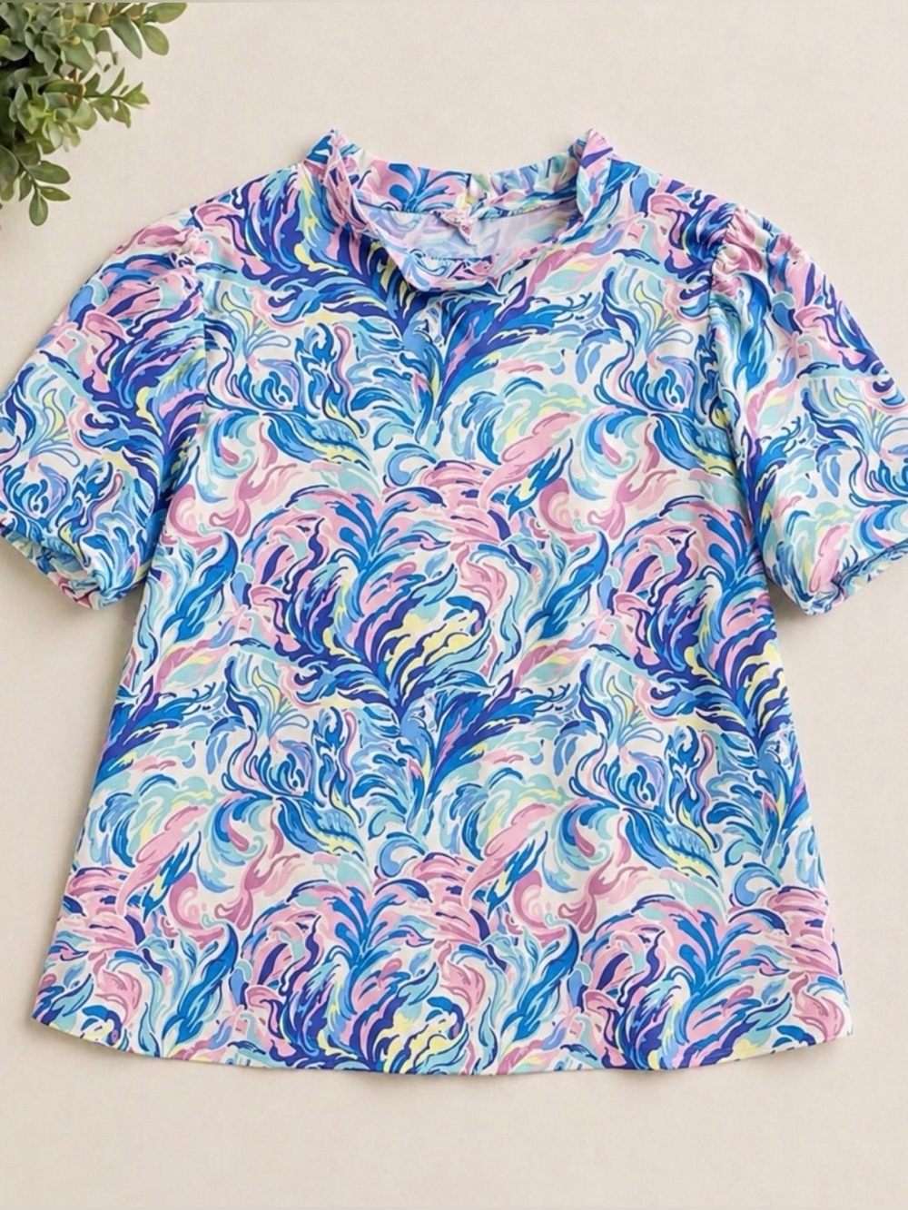 Simply Southern Statement Sleeve, SPF 50, Abstract Pattern Ruffle Neck Blouse